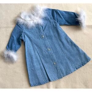 Vintage 90s Swing Coat Girls Size 2T Blue White Faux Fur Collar Floral Buttons